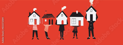 Housing concept with people holding house. Moving house and property investment