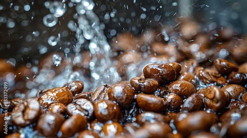 Pile of Coffee Beans With Water Flowing photo