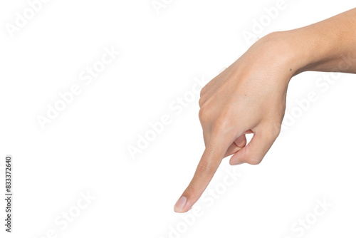 Fotografie Human hand point down with index finger on transparent background