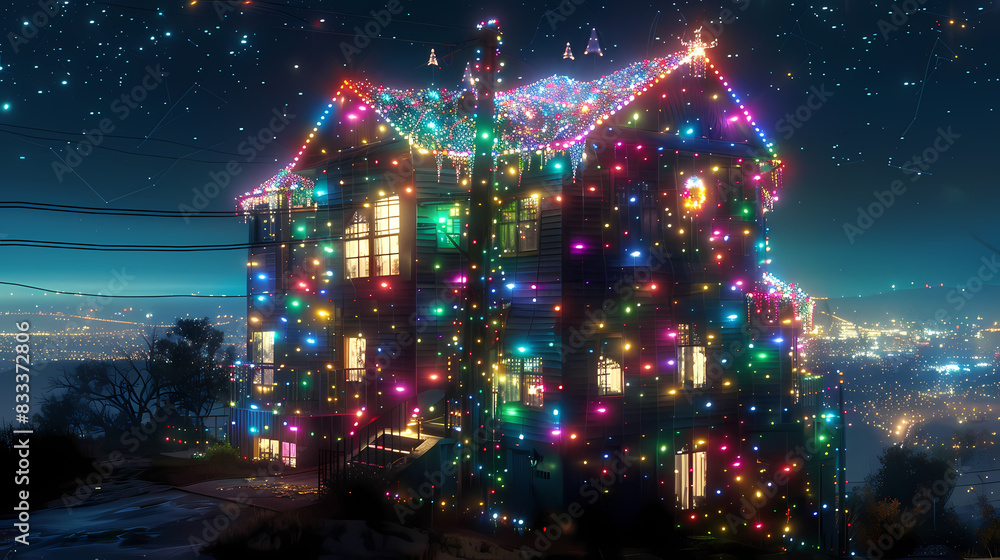 A house covered in colorful permanent LED Christmas lights towering in front of a city, its body a swirling mass of darkness dotted with stars, like a piece of the night sky brought to earth. It looms