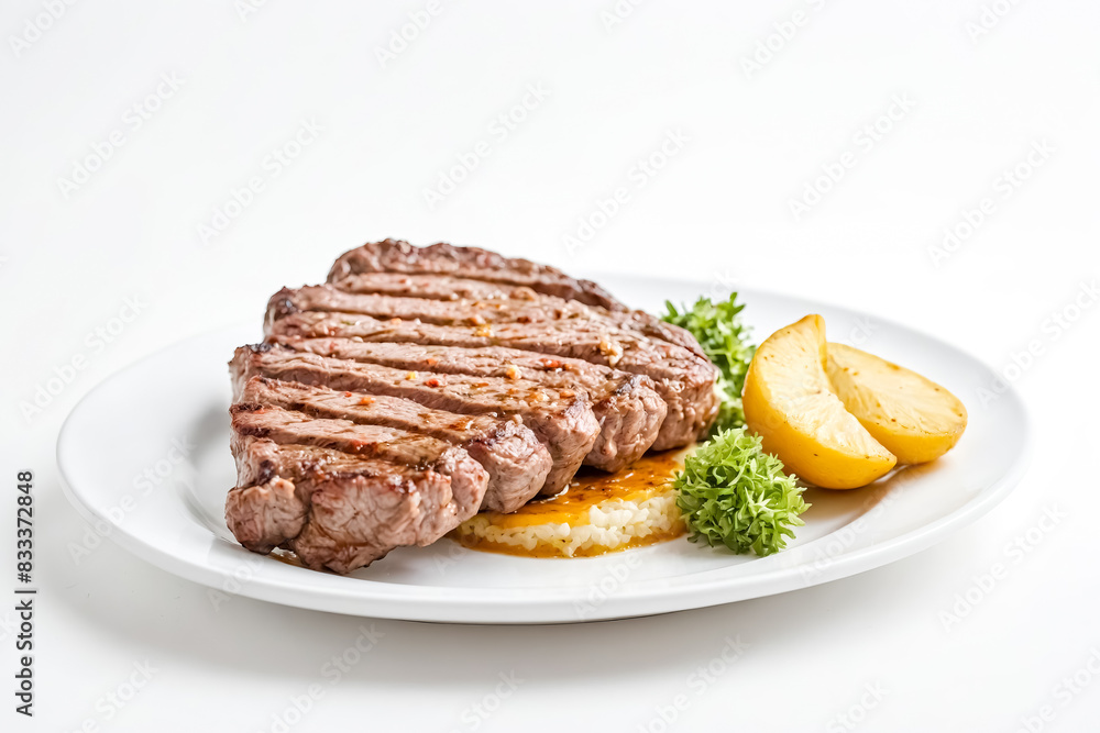 Grilled Steak with Rice and Lemon Slices Grilled Steak with Rice and Lemon Slices