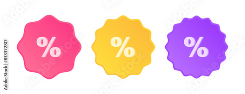 Set of 3d price tag with percent symbol. Design concept of shopping price tag, discount coupon. Starburst sticker with discount sign. Vector illustration