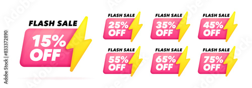 Set of flash sale 3d banner with lightning bolt. Badges design with different value of discount. Banner template for business, shops, advertising , discount, sale. Modern vector illustration