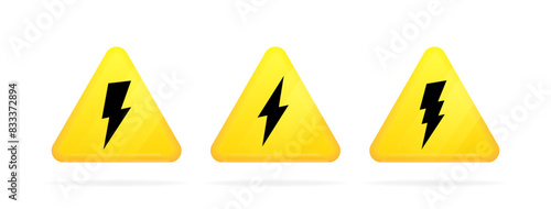Set of 3d yellow triangle with lightning. Design concept of high voltage, power outages, electric shock hazard, danger sign. Vector illustration