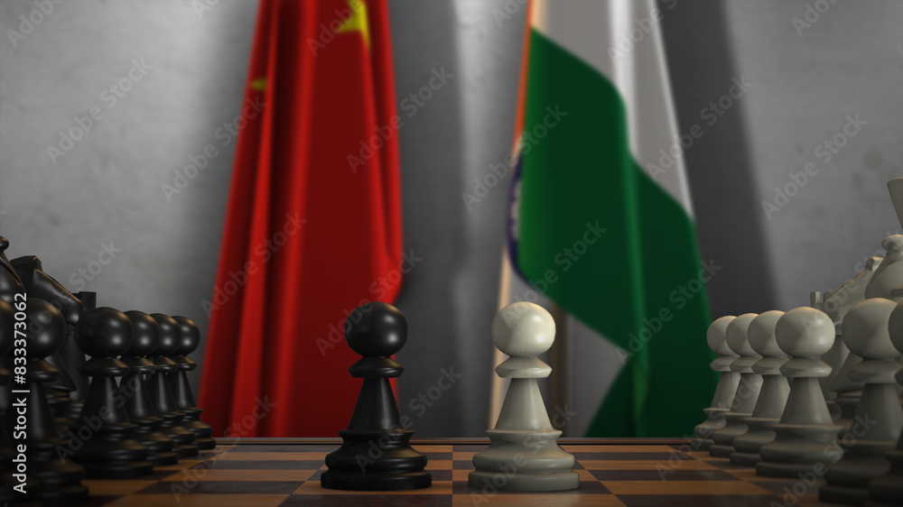 India And China National Flags. Politics And Conflict 3D Illustration. Chess Board Game Play India And China National Flags. Politics And Conflict 3D Illustration. Chess Board Game Play