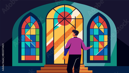 The artist takes a step back to admire their work realizing the impact the new stained glass window will have on the churchs congregation.. Vector illustration