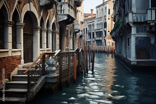 Tranquil and picturesque canal in the ancient and historic city of venice, italy, known for its serene waters, charming architecture, and traditional venetian mooring poles photo