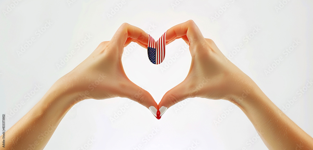 Fototapeta premium Artistic depiction of female hands forming a heart shape around the US flag, set against a stark white Memorial Day theme.