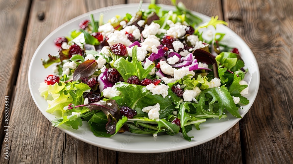 Mixed greens salad with goat cheese and dried cranberries on a white plate. Top view food photography. Healthy eating and fresh ingredients concept for design and print. Mixed greens salad with goat cheese and dried cranberries on a white plate. Top view food photography. Healthy eating and fresh ingredients concept for design and print.