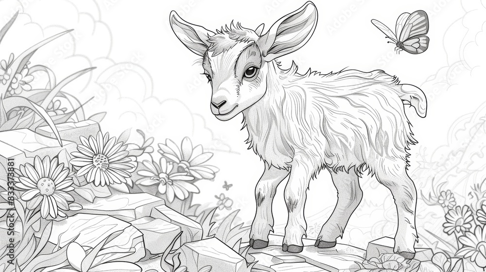 A playful coloring book design of a goat standing on a pile of rocks, with a mischievous expression and a butterfly perched on its nose. A playful coloring book design of a goat standing on a pile of rocks, with a mischievous expression and a butterfly perched on its nose.
