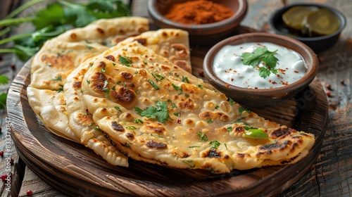 Aloo paratha, stuffed bread with spiced potatoes, served with yogurt and pickle on a traditional wooden board
