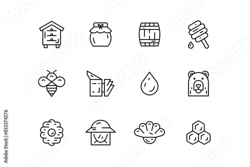 Honey and beekeeping icons. Production of honey, beekeeping equipment. Linear style