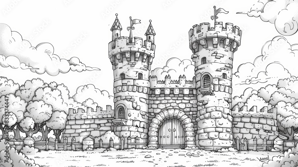 A whimsical coloring book page of a fairytale castle, with children dressed as knights and princesses, ready for a royal adventure. A whimsical coloring book page of a fairytale castle, with children dressed as knights and princesses, ready for a royal adventure.