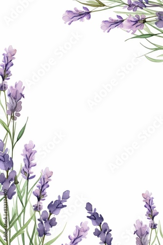 lavender themed frame or border for photos and text.delicate purple flowers and green stems. watercolor illustration, Perfect for nursery art, simple clipart, single object, white color background. 