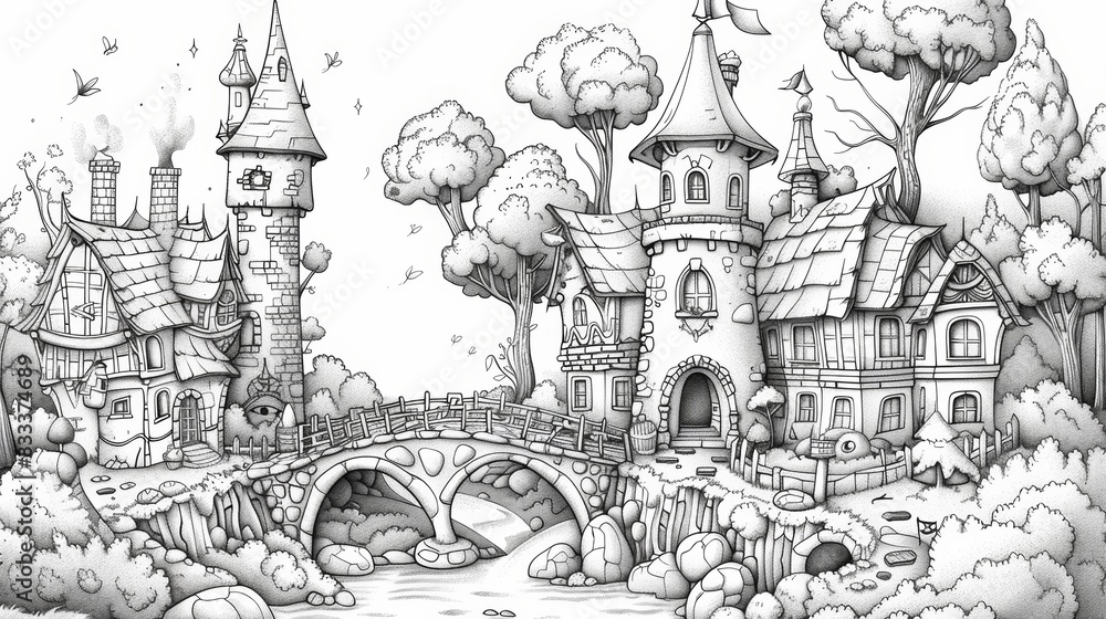 Fototapeta premium A whimsical coloring scene of a fairy village, with tiny houses and bridges, and fairies going about their daily lives.