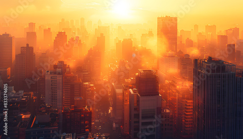 Sunlight filtering through clouds illuminating skyscrapers in a city at sunset