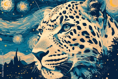 Leopard with a starry night background. Suitable for tattoo design