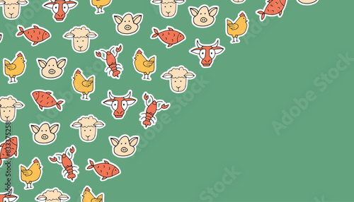 meat. beef. sheepmeat. pork. chicken. pattern. the poster. frame. vector. retro palette. on a colored background. place for the inscription. hand-drawn. photo