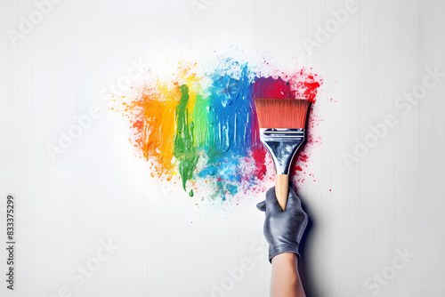 A brush is in the hand of a painter, painting a wall with all the colors of the rainbow. Hand in a glove with a brush and multi-colored paints. Color creativity, bright colors on a white wall.