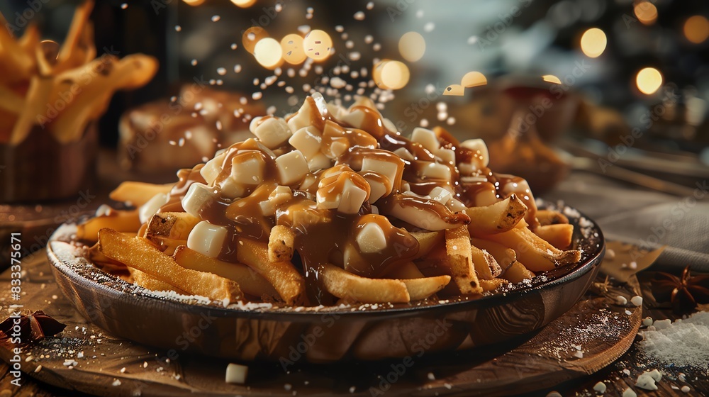 A plate of delicious poutine, with crispy fries, melted cheese curds, and rich gravy. The perfect comfort food for a cold winter day.