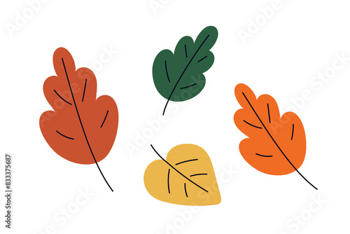 Autumn leaf set. Yellow, orange, red and green oak and birch leaves collection. Fall tree foliage, dry seasonal plants, design elements. Flat vector illustration isolated on white background