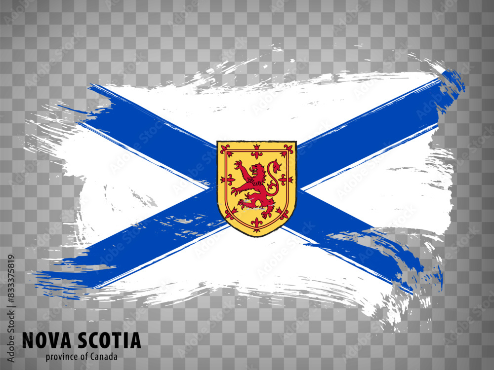 Flag of Nova Scotia from brush strokes. Canada. Waving Flag Province of Nova Scotia with title on transparent background for your web site design, app, UI. Vector illustration. EPS10.