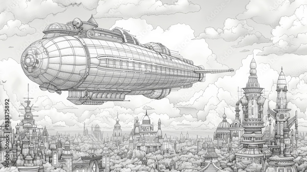 An intricate coloring book illustration of a steampunk airship, floating above a fantastical cityscape with clockwork elements. An intricate coloring book illustration of a steampunk airship, floating above a fantastical cityscape with clockwork elements.