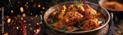 Chicken chettinad, spicy chicken curry with black pepper and coconut, served in a traditional bowl with a Tamil Nadu village scene