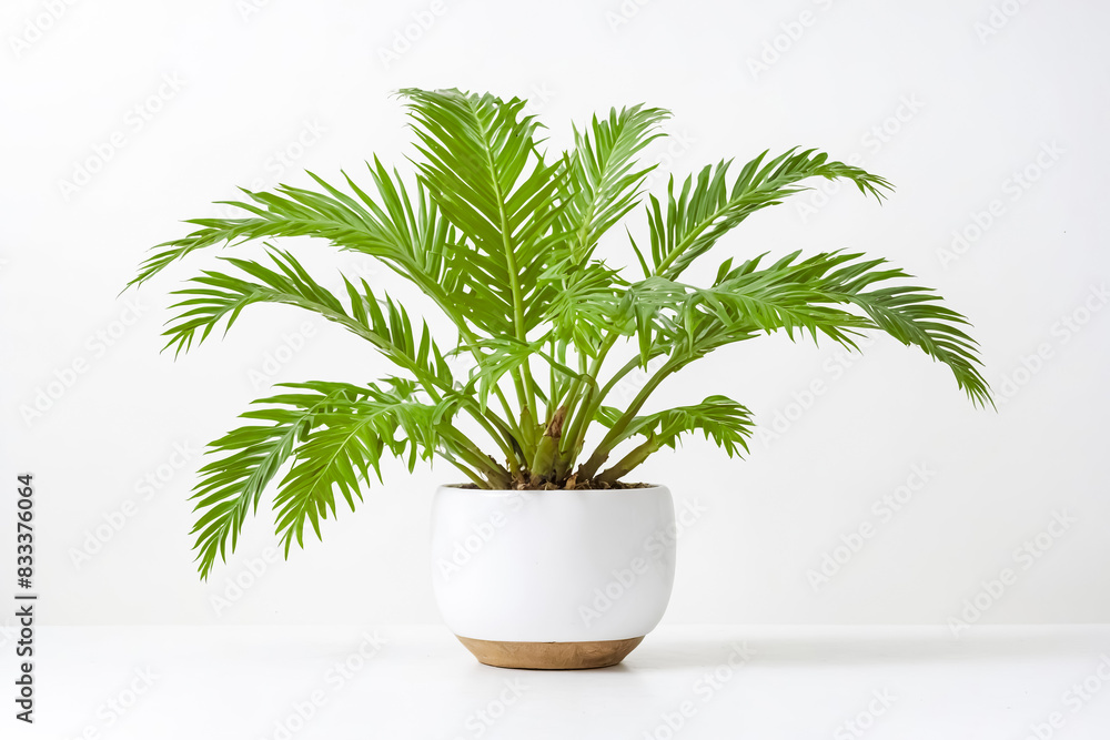 Lush Green Palm Plant in White Pot on White Background Lush Green Palm Plant in White Pot on White Background