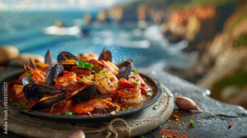 Chilean curanto, a seafood and meat stew traditionally cooked in a pit, served on a rustic plate with a scenic Chilean coastal background photo