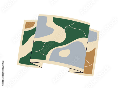 Paper map for travel and navigation. Guide for journey and trip. Abstract region with land, roads and water. Hiking touristic navigator. Flat vector illustration isolated on white background © Good Studio