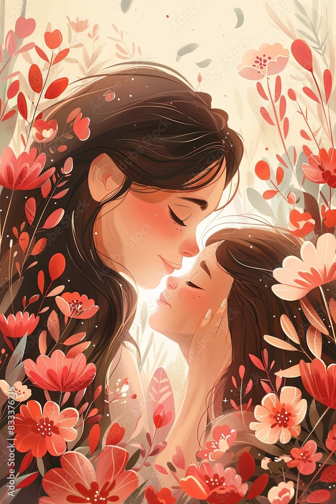 Illustration of a mother and daughter embracing surrounded by colorful hearts and flowers, symbolizing love and family connection. Mother's Day Illustration of a mother and daughter embracing surrounded by colorful hearts and flowers, symbolizing love and family connection. Mother's Day