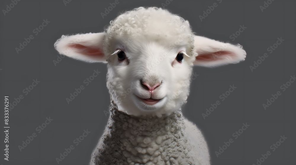 Fototapeta premium Cute little white lamb face closeup isolated on background