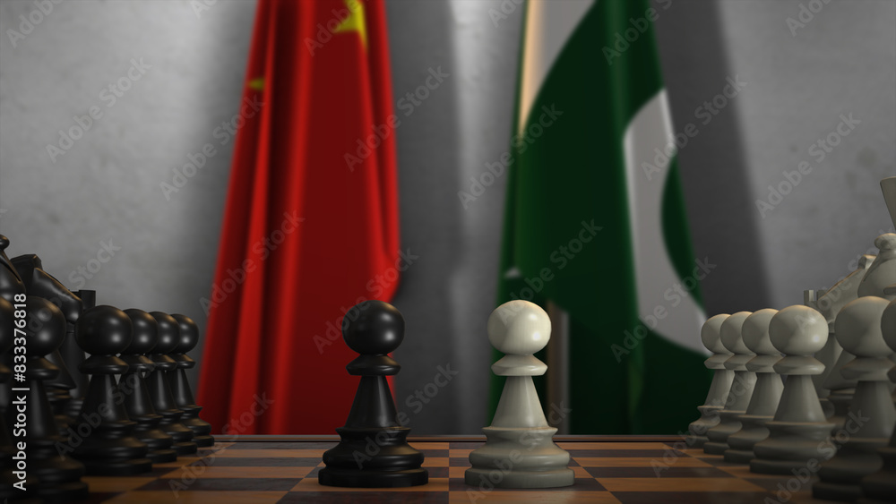 Pakistan And China National Flags. Politics And Conflict 3D Illustration. Chess Board Game Play Pakistan And China National Flags. Politics And Conflict 3D Illustration. Chess Board Game Play