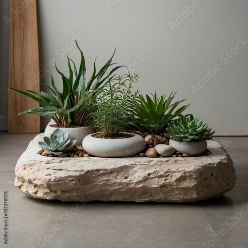 plant in a pot, a clean and modern composition with organic elements, using a neutral color palette and featuring natural textures like stone, wood, and plant life.