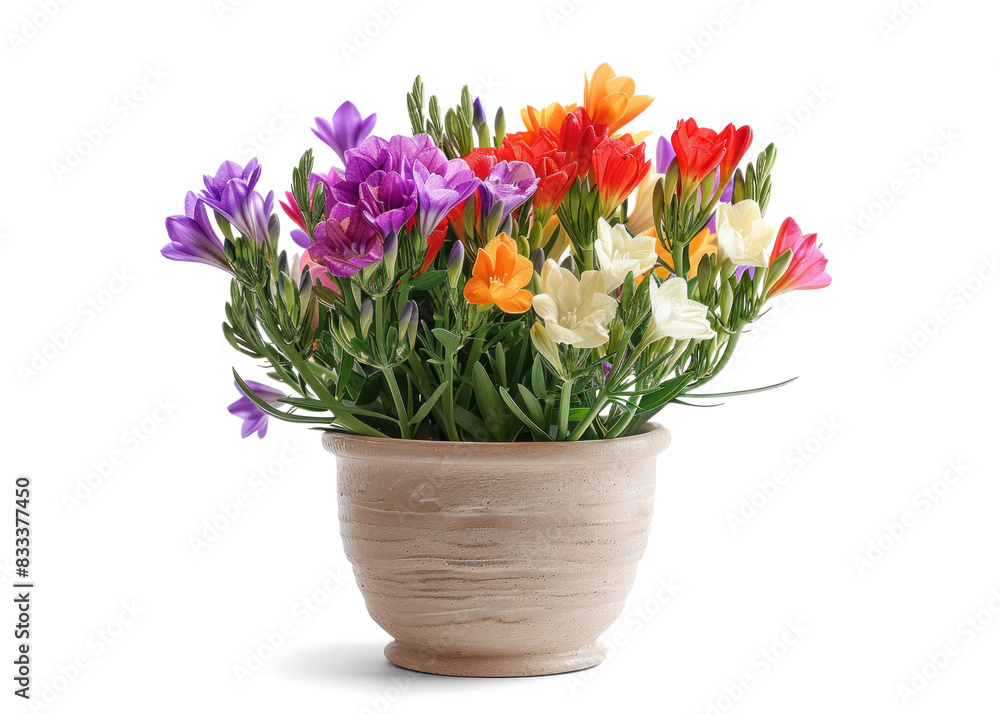 Colorful Freesia Plant in a Pot with Greenery