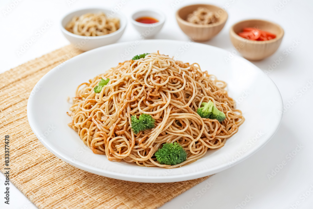 Closeup of a bowl of noodles with broccoli on a white background Closeup of a bowl of noodles with broccoli on a white background