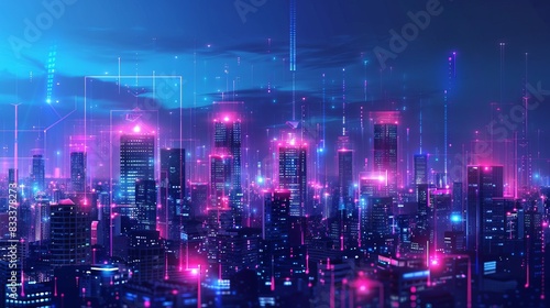 Smart city with particle glowing