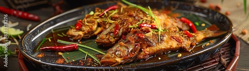 Fried milkfish, crispy and flavorful, served on a traditional plate with a coastal Taiwanese village scene