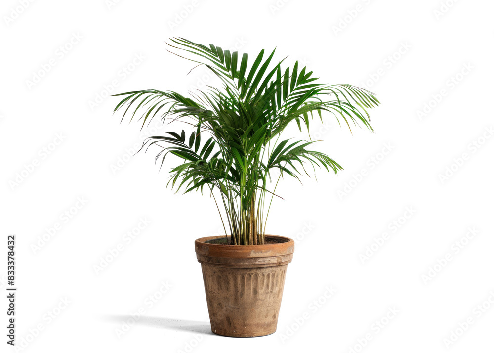 Lush areca palm plant in rustic terracotta pot on transparent background Lush areca palm plant in rustic terracotta pot on transparent background