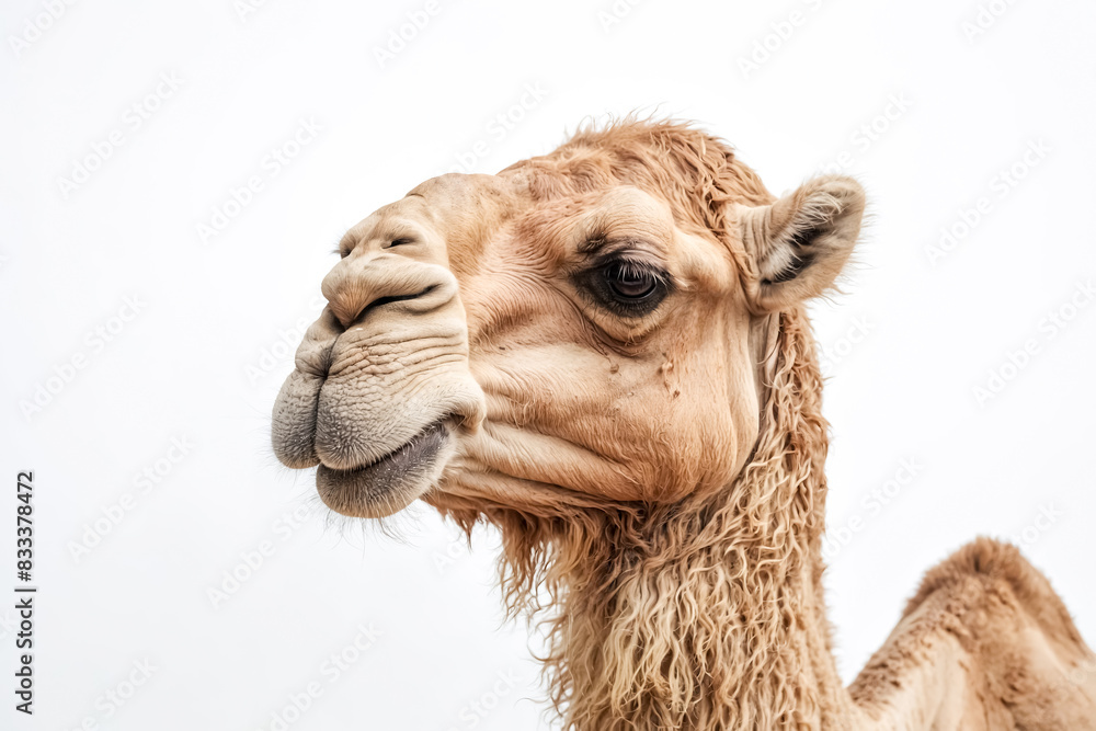 Fototapeta premium Close-up of a camel's head with a white background
