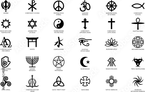 Set of mystical religious symbols of different cultures of world, sacred signs. Spiritual traditional cultures of worship and veneration. Simple black and white vector isolated on white background