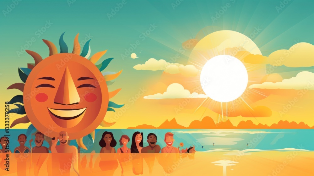 illustration of the sun smiling and looking at the beach