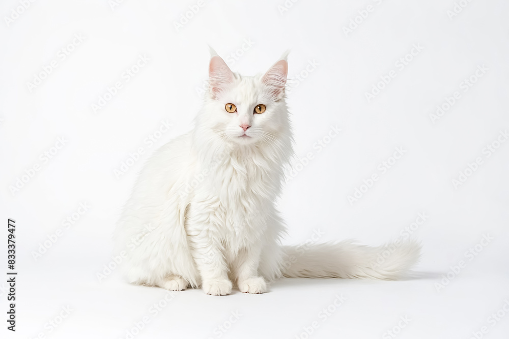 White Maine Coon Cat Sitting on White Background White Maine Coon Cat Sitting on White Background