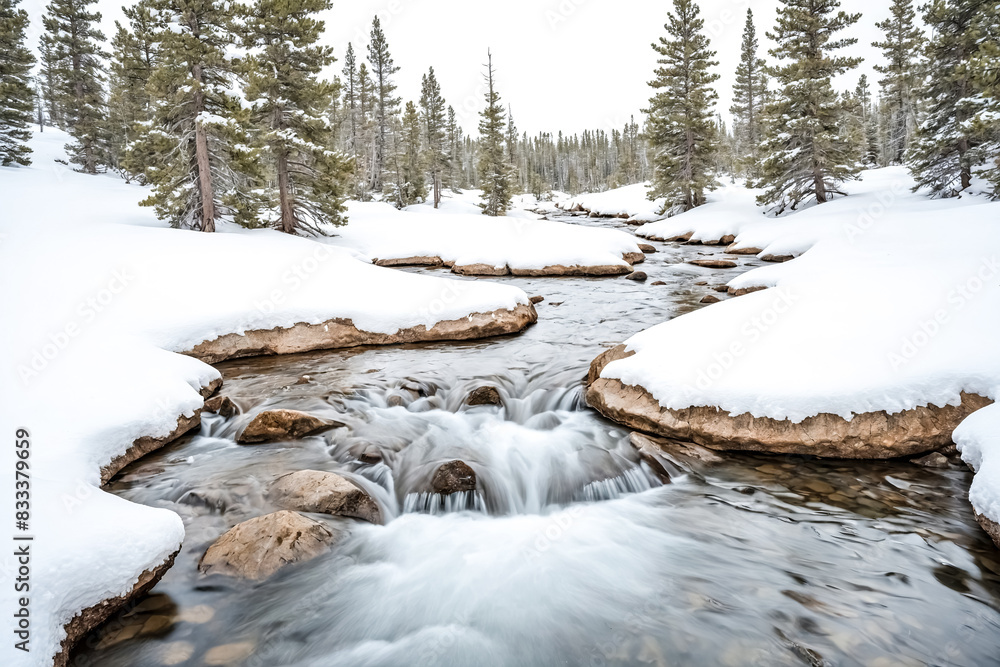 Fototapeta premium Tranquil Winter Stream in a Snowy Forest