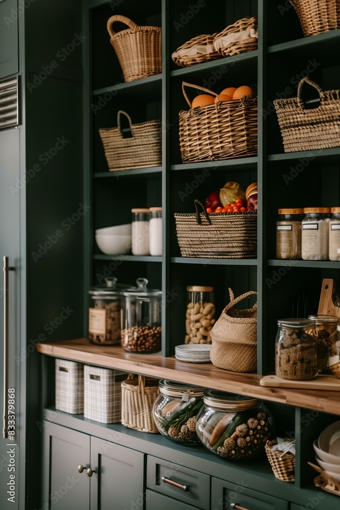 neatly organized pantry with dark green shelves, wicker baskets, and wooden containers