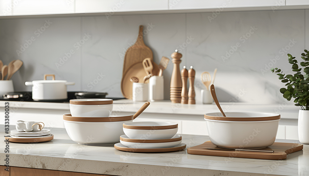 Set of different utensils and dishes on countertop in kitchen Set of different utensils and dishes on countertop in kitchen