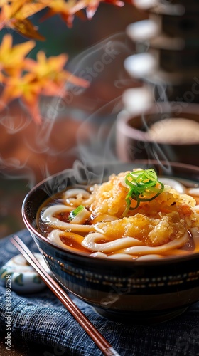A bowl of udon noodles in a dark bowl with chopsticks on the side. The noodles are topped with a crispy tempura batter. The background is a blur of orange and yellow leaves.