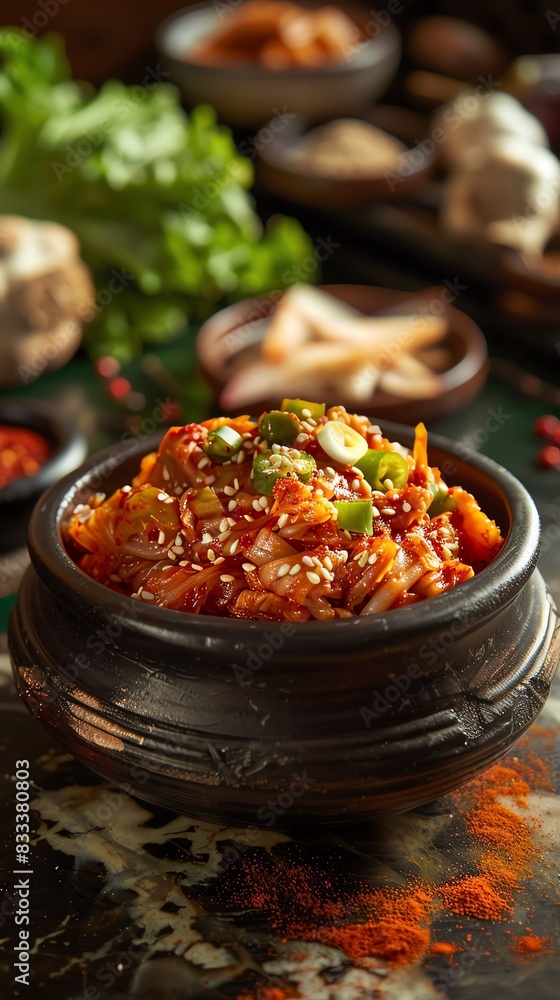 A bowl of kimchi, a traditional Korean side dish made of fermented vegetables, with chopsticks on the side A bowl of kimchi, a traditional Korean side dish made of fermented vegetables, with chopsticks on the side