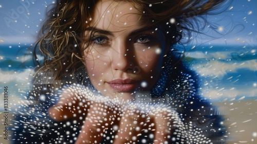 A woman with long hair is blowing snowflakes out of her hand. The image has a dreamy, ethereal quality to it, as if the snowflakes are floating in mid-air. The woman's expression is serene photo